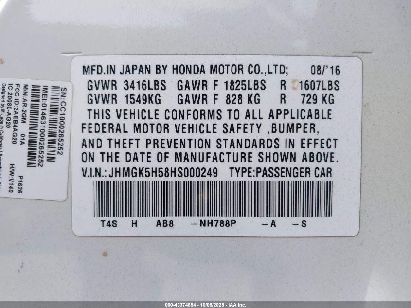 2017 Honda Fit Lx VIN: JHMGK5H58HS000249 Lot: 43374854