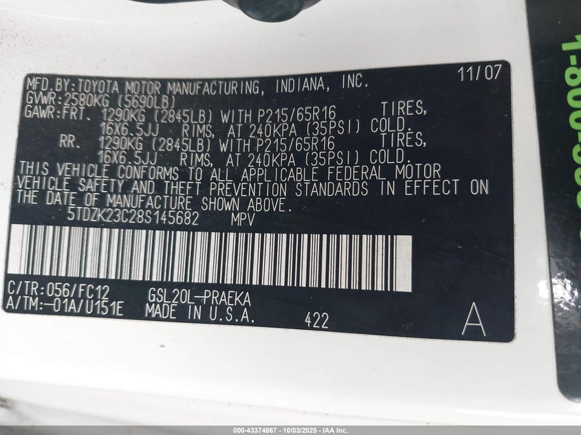 2008 Toyota Sienna Le VIN: 5TDZK23C28S145682 Lot: 43374867