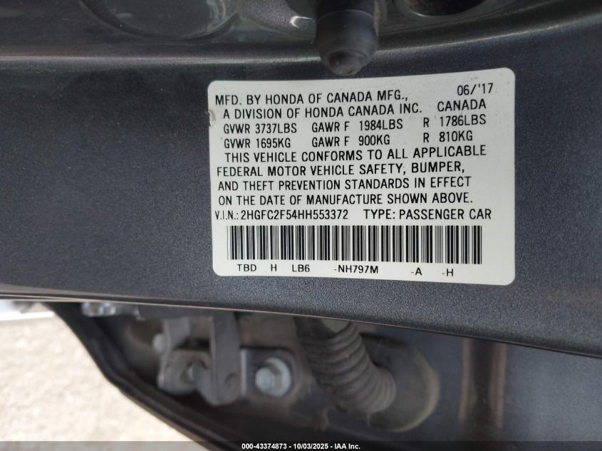 2017 Honda Civic Lx VIN: 2HGFC2F54HH553372 Lot: 43374873