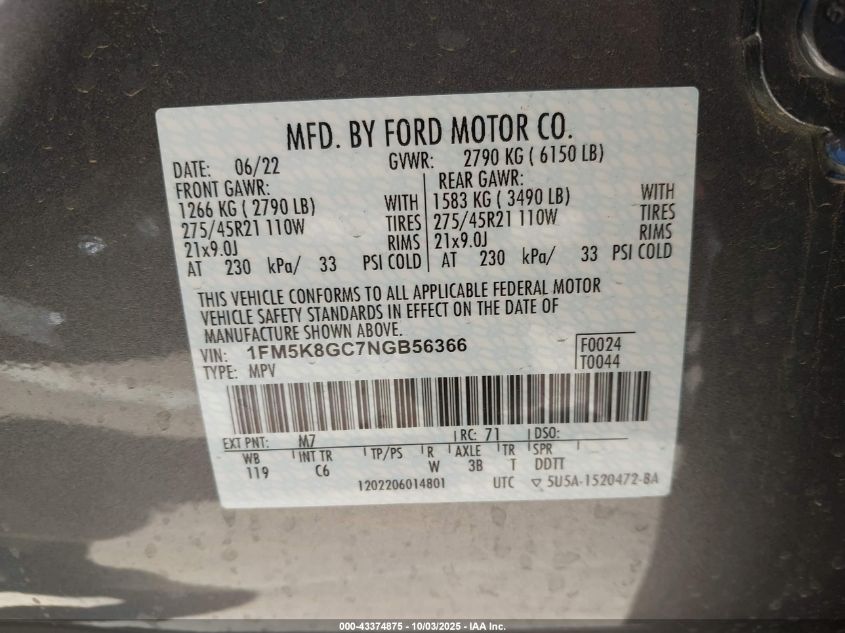 2022 Ford Explorer St VIN: 1FM5K8GC7NGB56366 Lot: 43374875