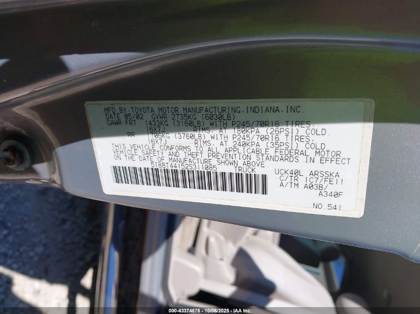 2002 Toyota Tundra Sr5 V8 VIN: 5TBBT44152S311085 Lot: 43374876