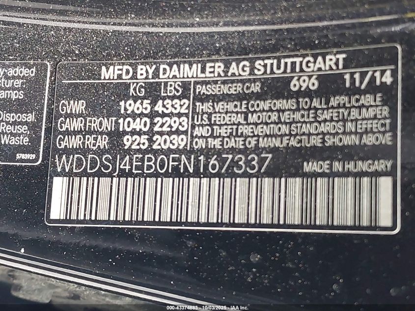 2015 Mercedes-Benz Cla 250 VIN: WDDSJ4EB0FN167337 Lot: 43374883