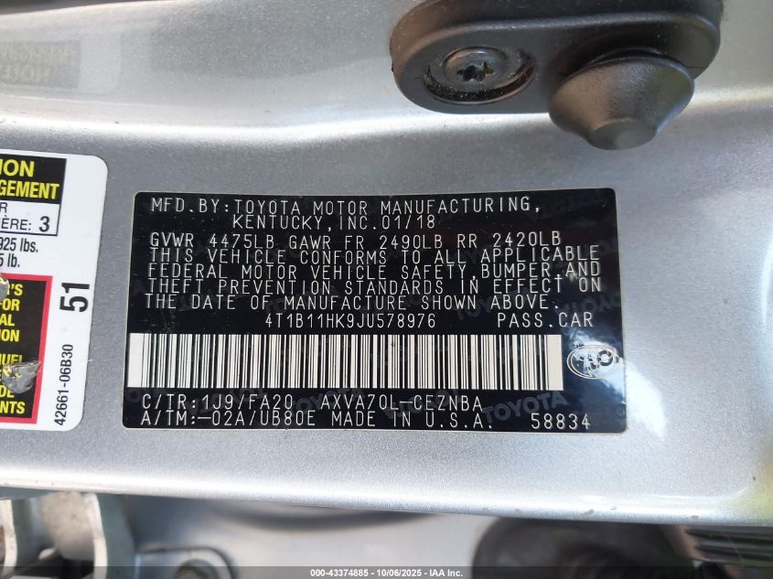 2018 Toyota Camry Le VIN: 4T1B11HK9JU578976 Lot: 43374885