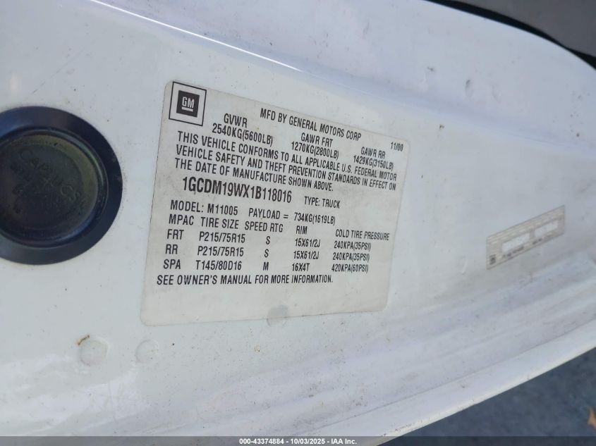 2001 Chevrolet Astro VIN: 1GCDM19WX1B118016 Lot: 43374884