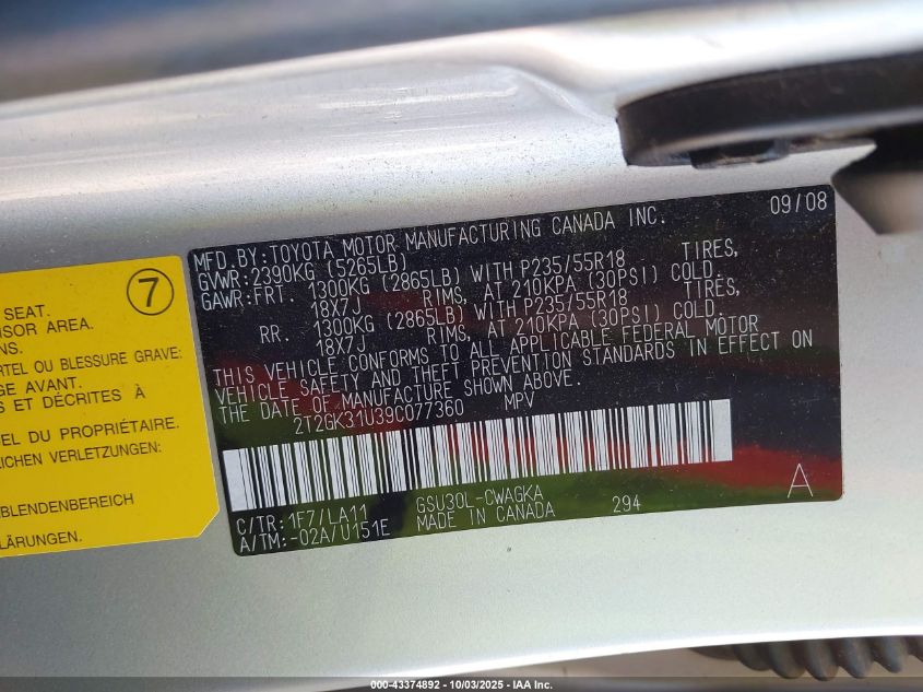 2009 Lexus Rx 350 VIN: 2T2GK31U39C077360 Lot: 43374892