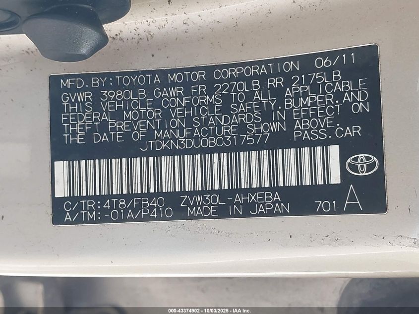 2011 Toyota Prius Two VIN: JTDKN3DU0B0317577 Lot: 43374902