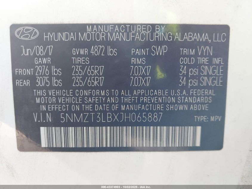 2018 Hyundai Santa Fe Sport 2.4L VIN: 5NMZT3LBXJH065887 Lot: 43374903