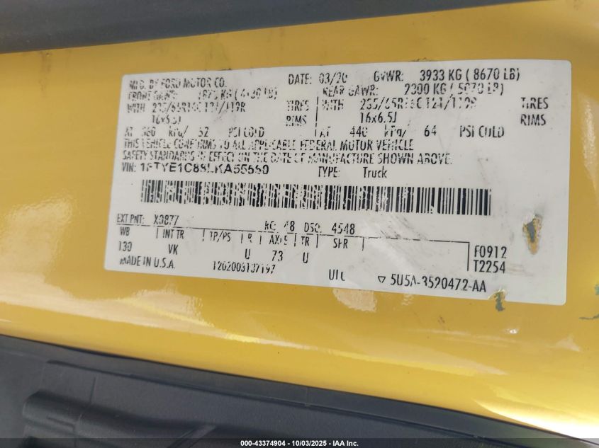 2020 Ford Transit-150 VIN: 1FTYE1C88LKA55560 Lot: 43374904