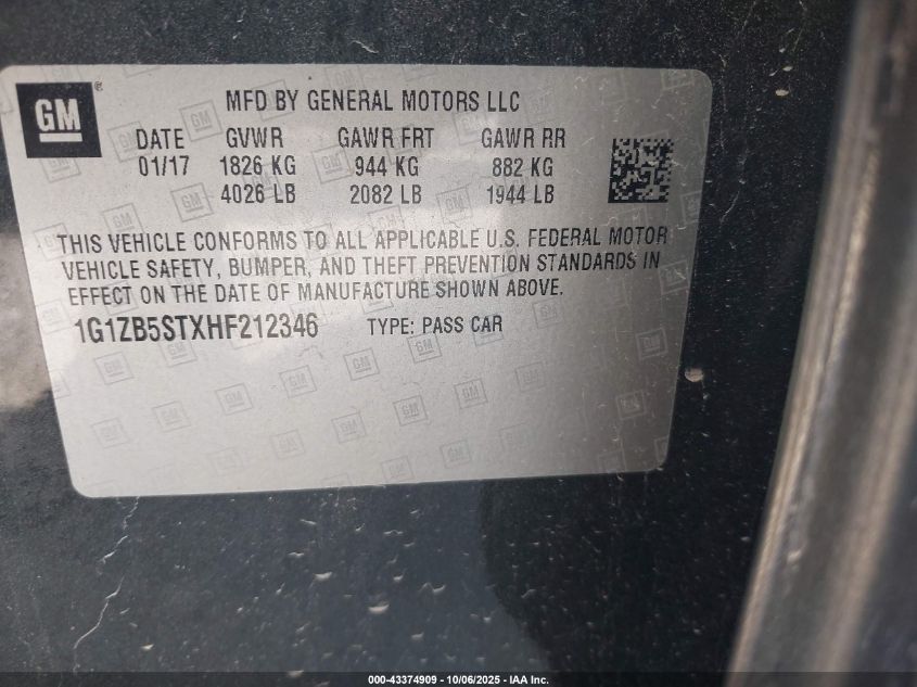2017 Chevrolet Malibu Ls VIN: 1G1ZB5STXHF212346 Lot: 43374909