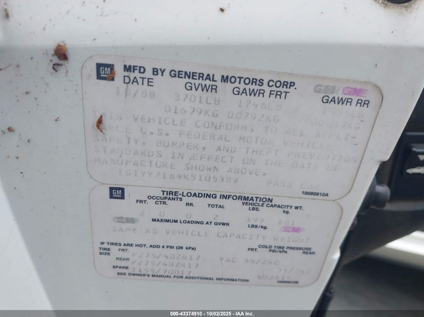 1989 Chevrolet Corvette VIN: 1G1YY2184K5105389 Lot: 43374910