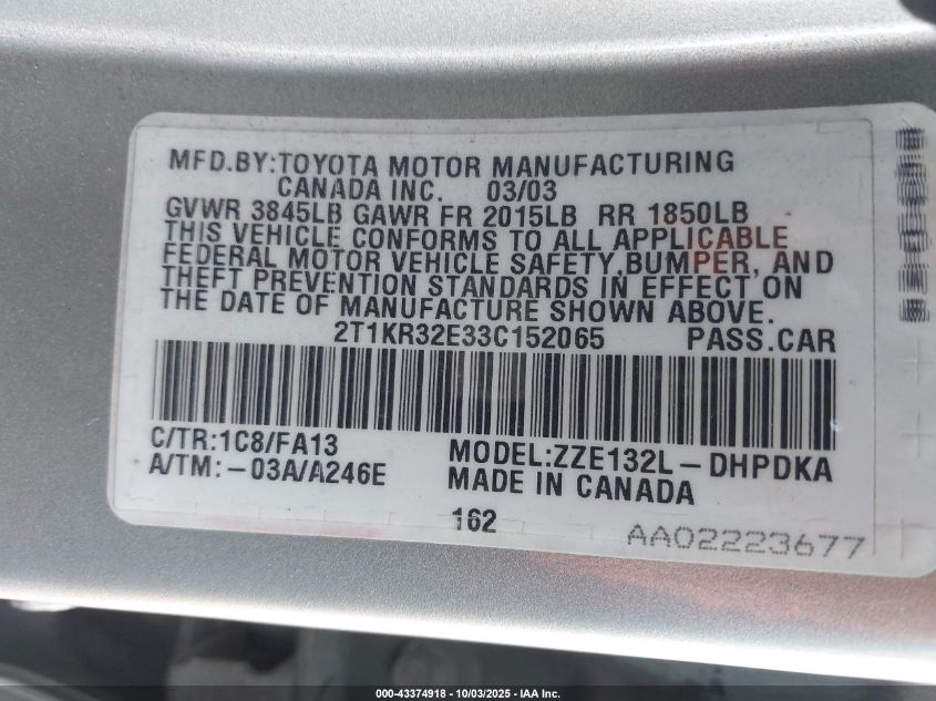 2003 Toyota Matrix Standard VIN: 2T1KR32E33C152065 Lot: 43374918