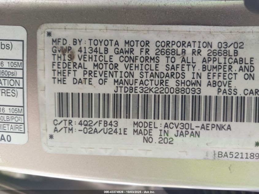 2002 Toyota Camry Le VIN: JTDBE32K220088093 Lot: 43374926