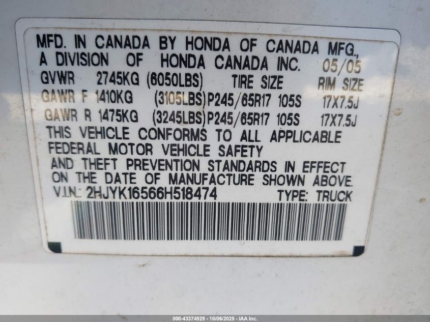 2006 Honda Ridgeline Rtl VIN: 2HJYK16566H518474 Lot: 43374929