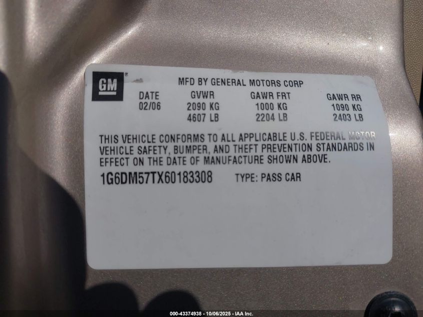 2006 Cadillac Cts Standard VIN: 1G6DM57TX60183308 Lot: 43374938
