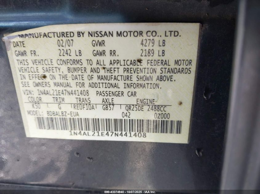 2007 Nissan Altima 2.5 S VIN: 1N4AL21E47N441408 Lot: 43374940