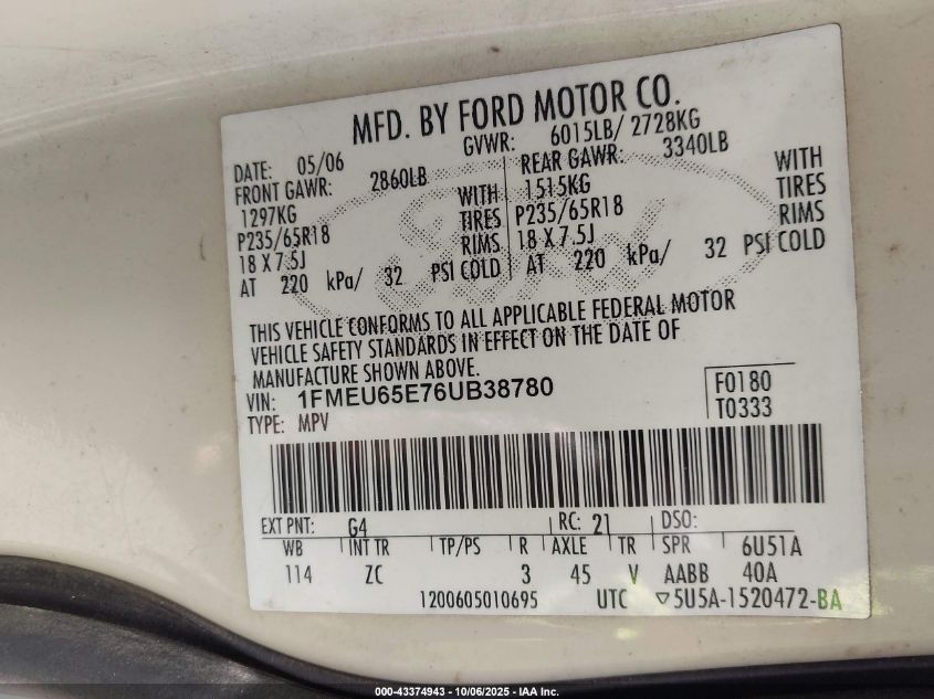 2006 Ford Explorer Limited VIN: 1FMEU65E76UB38780 Lot: 43374943