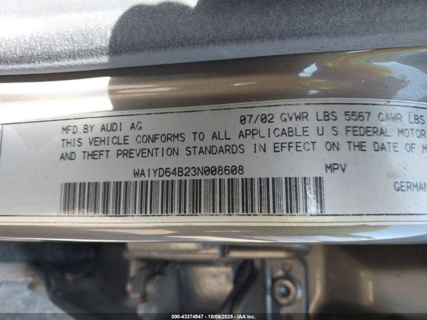 2003 Audi Allroad 2.7T VIN: WA1YD64B23N008608 Lot: 43374947