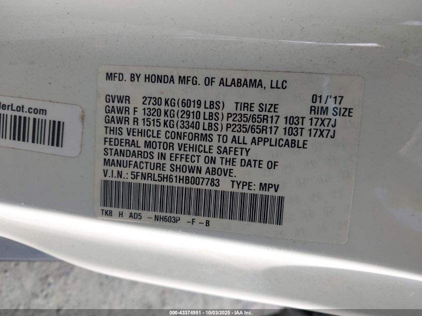 2017 Honda Odyssey Ex-L VIN: 5FNRL5H61HB007783 Lot: 43374951