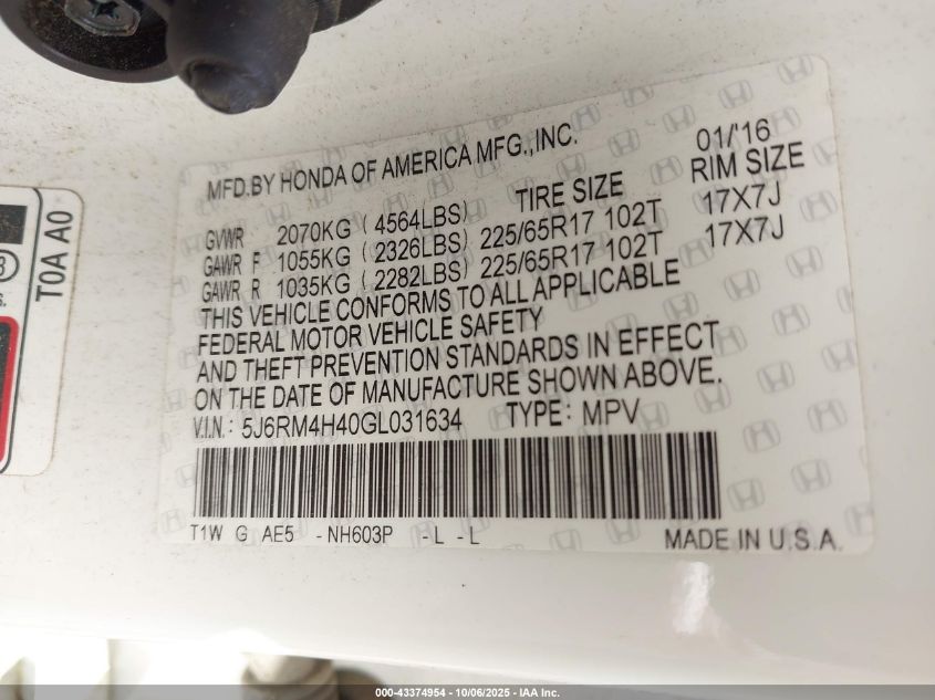 2016 Honda Cr-V Se VIN: 5J6RM4H40GL031634 Lot: 43374954