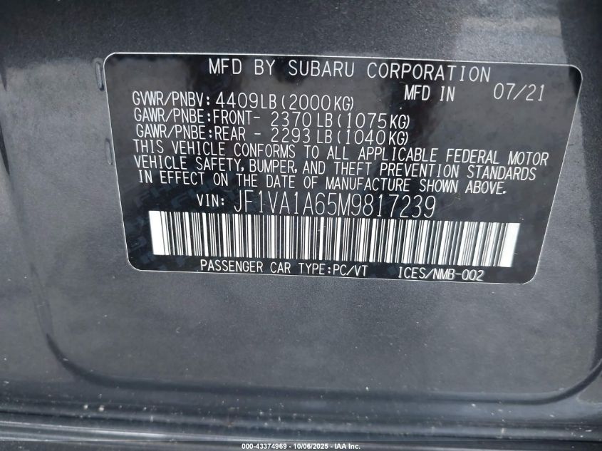 2021 Subaru Wrx VIN: JF1VA1A65M9817239 Lot: 43374969