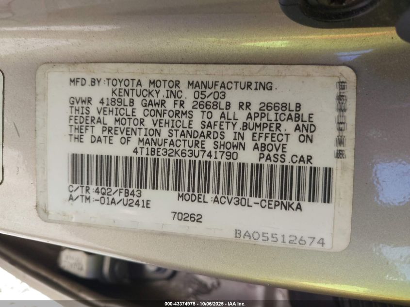 2003 Toyota Camry Le VIN: 4T1BE32K63U741790 Lot: 43374975