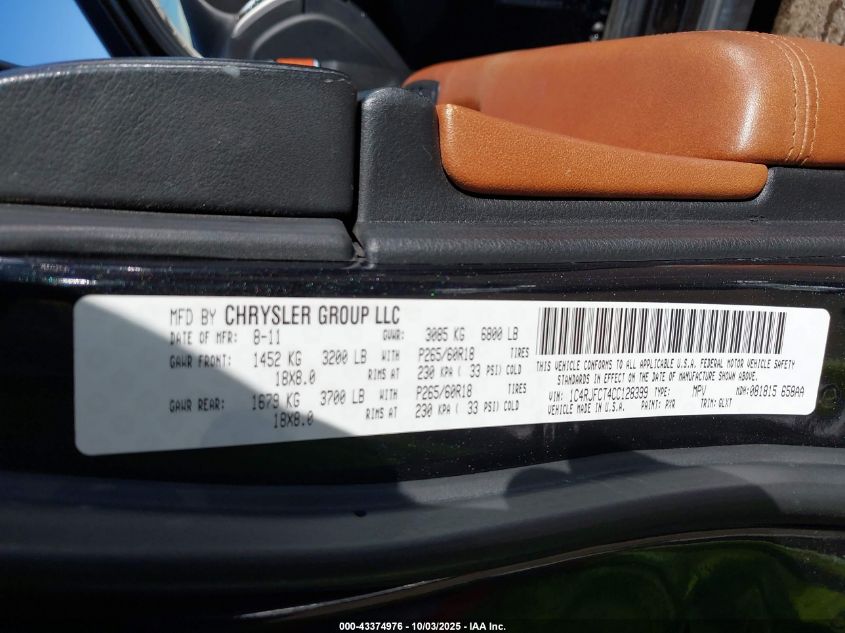 2012 Jeep Grand Cherokee Overland VIN: 1C4RJFCT4CC128399 Lot: 43374976