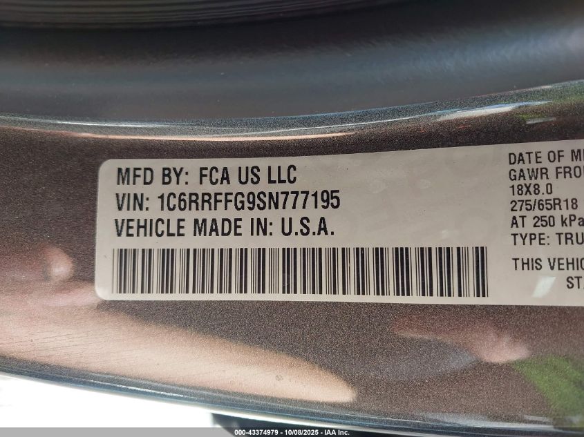 2025 Ram 1500 Big Horn 4X4 5'7 Box VIN: 1C6RRFFG9SN777195 Lot: 43374979
