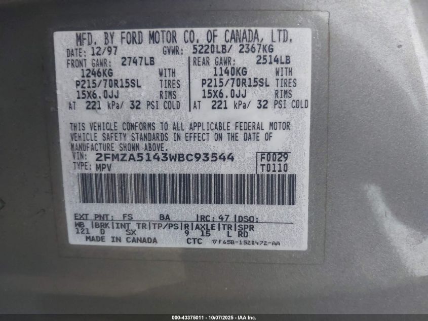 1998 Ford Windstar Gl/Limited/Lx VIN: 2FMZA5143WBC93544 Lot: 43375011