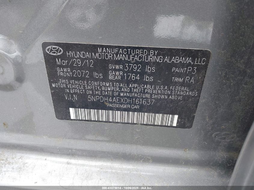 2013 Hyundai Elantra Gls VIN: 5NPDH4AEXDH161637 Lot: 43375014