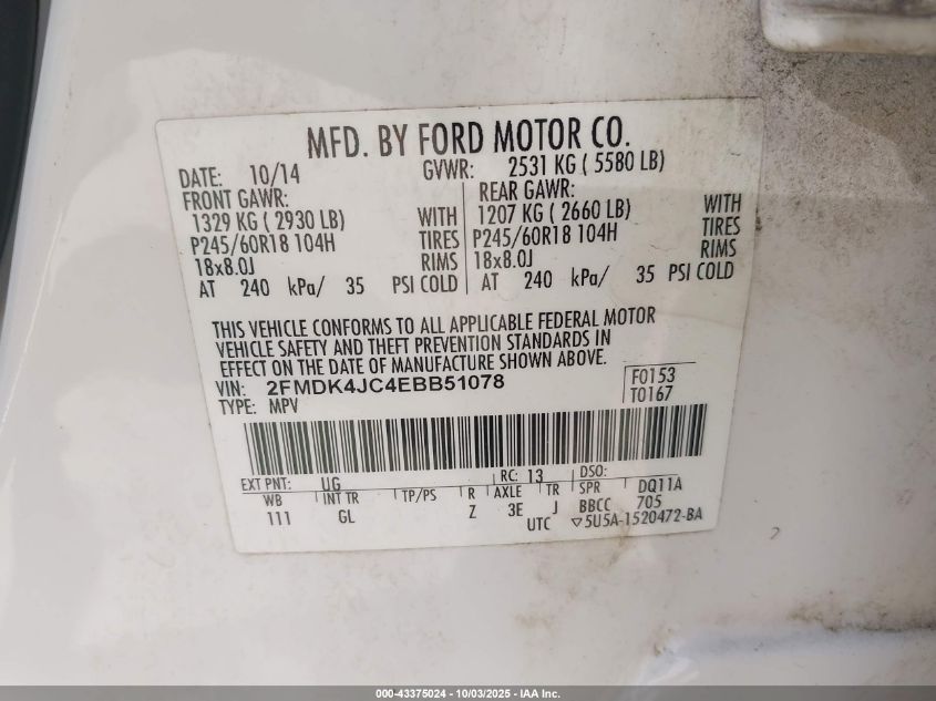 2014 Ford Edge Sel VIN: 2FMDK4JC4EBB51078 Lot: 43375024