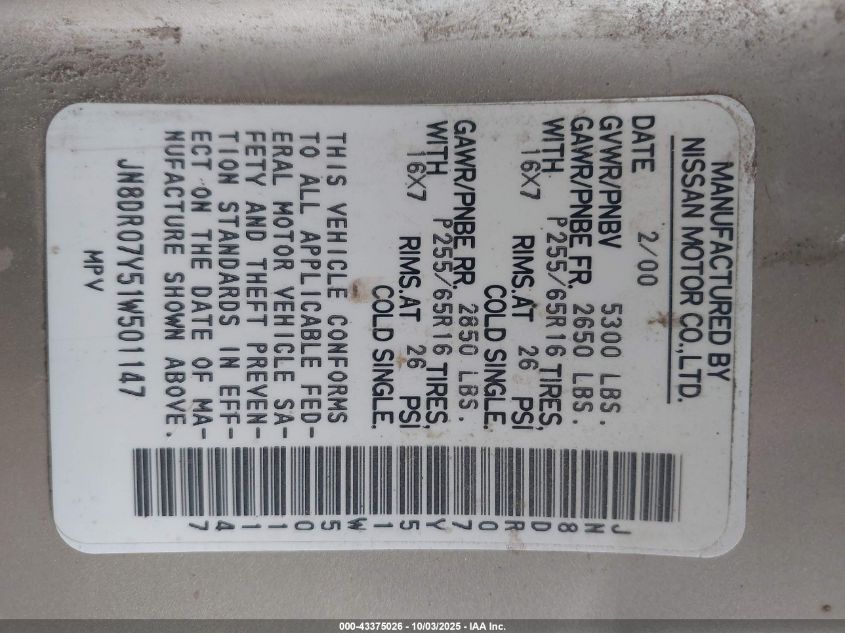 2001 Nissan Pathfinder Se VIN: JN8DR07Y51W501147 Lot: 43375026