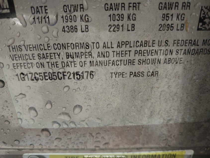 2012 Chevrolet Malibu 1Lt VIN: 1G1ZC5E05CF215176 Lot: 43375032