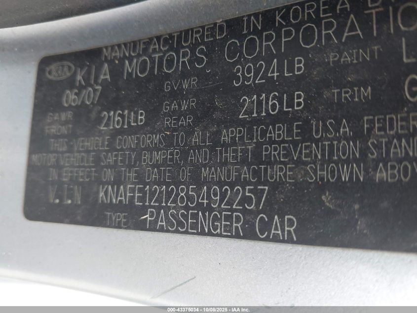 2008 Kia Spectra Ex VIN: KNAFE121285492257 Lot: 43375034
