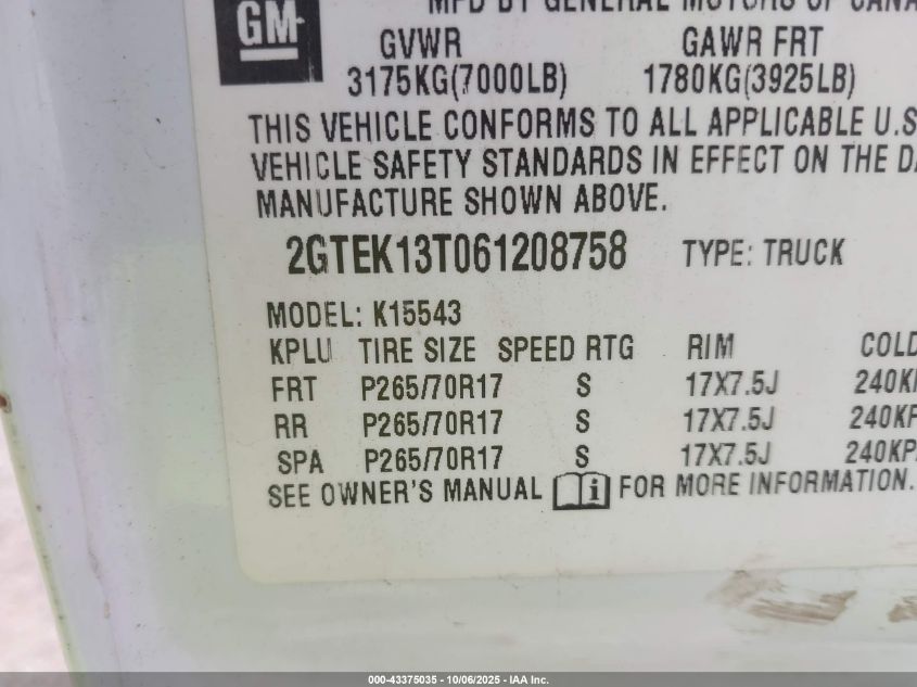 2006 GMC Sierra 1500 Sle1 VIN: 2GTEK13T061208758 Lot: 43375035