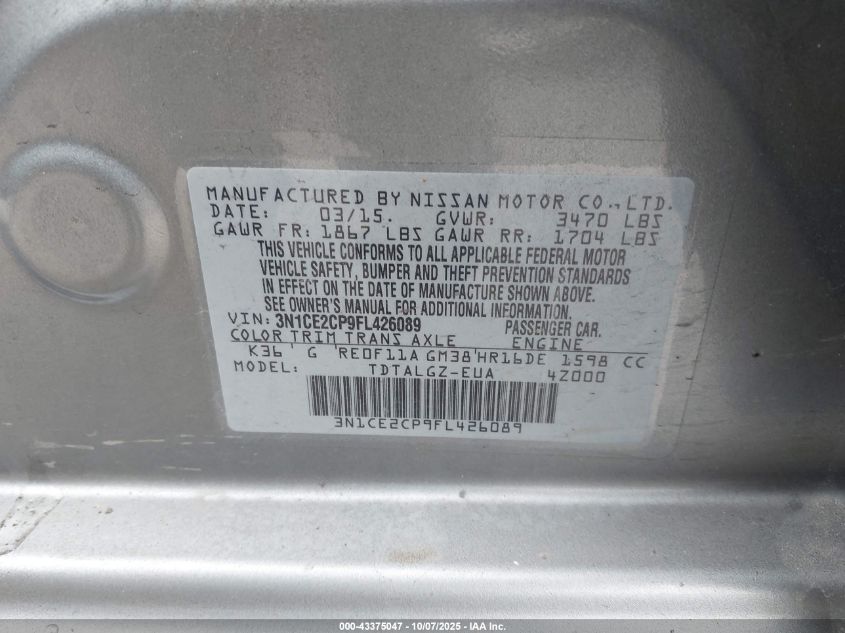 2015 Nissan Versa Note Sr VIN: 3N1CE2CP9FL426089 Lot: 43375047