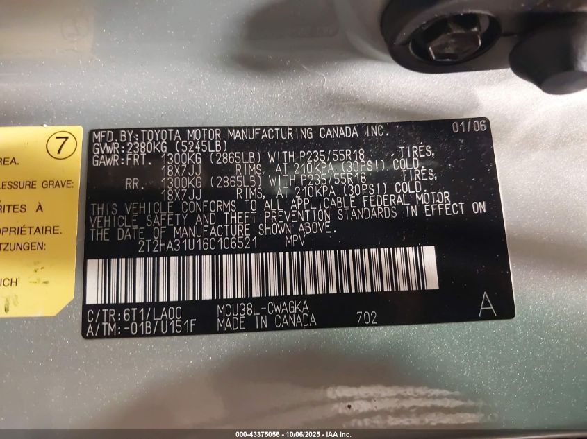 2006 Lexus Rx 330 VIN: 2T2HA31U16C106521 Lot: 43375056