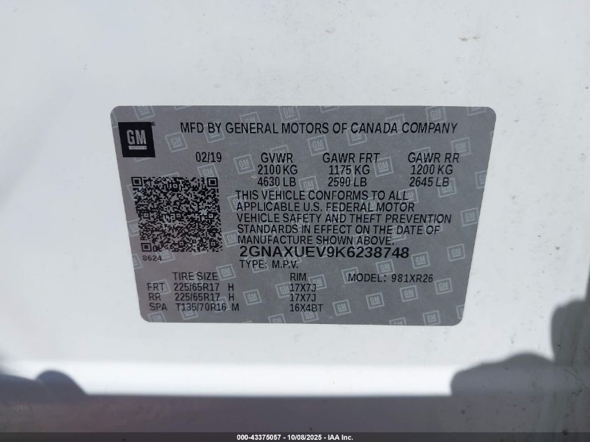 2019 Chevrolet Equinox Lt VIN: 2GNAXUEV9K6238748 Lot: 43375057