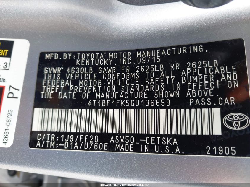 2016 Toyota Camry Se VIN: 4T1BF1FK5GU136659 Lot: 43375078