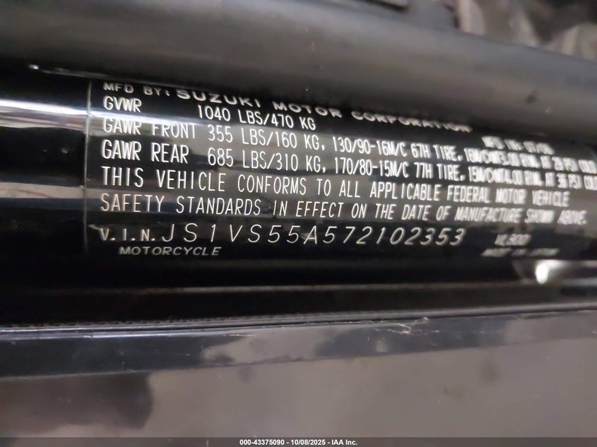 2007 Suzuki Vl800 VIN: JS1VS55A572102353 Lot: 43375090
