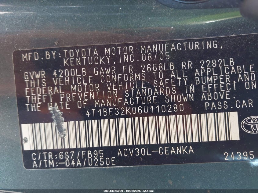 2006 Toyota Camry Le VIN: 4T1BE32K06U110280 Lot: 43375099