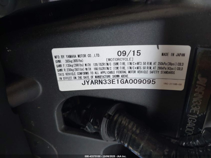 2016 Yamaha Fz09 VIN: JYARN33E1GA009095 Lot: 43375100