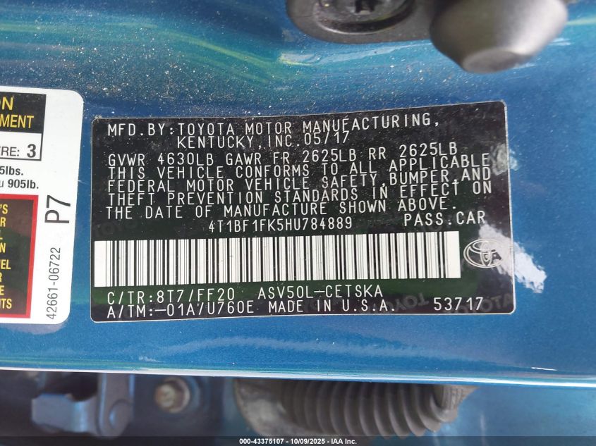 2017 Toyota Camry Se VIN: 4T1BF1FK5HU784889 Lot: 43375107