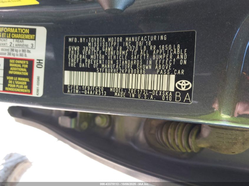 2019 Toyota Corolla Se VIN: 5YFBURHE2KP880886 Lot: 43375113