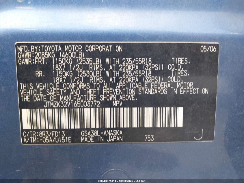 2006 Toyota Rav4 Sport V6 VIN: JTMZK32V165003772 Lot: 43375114