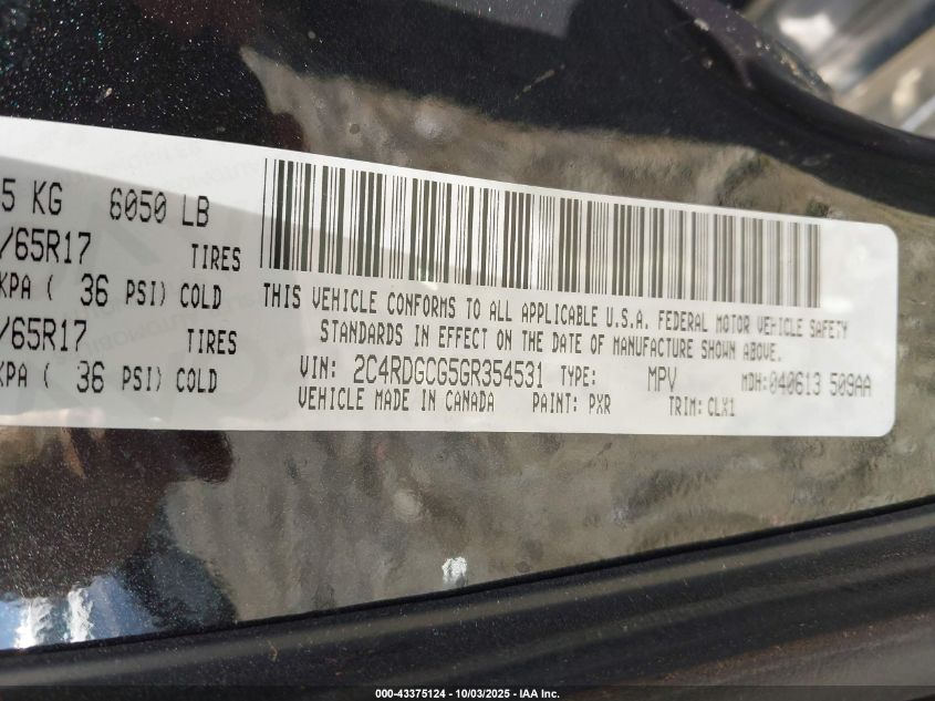 2016 Dodge Grand Caravan Sxt VIN: 2C4RDGCG5GR354531 Lot: 43375124