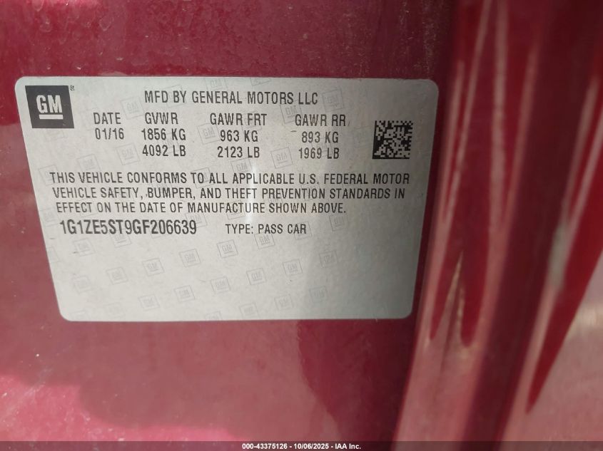 2016 Chevrolet Malibu 1Lt VIN: 1G1ZE5ST9GF206639 Lot: 43375126