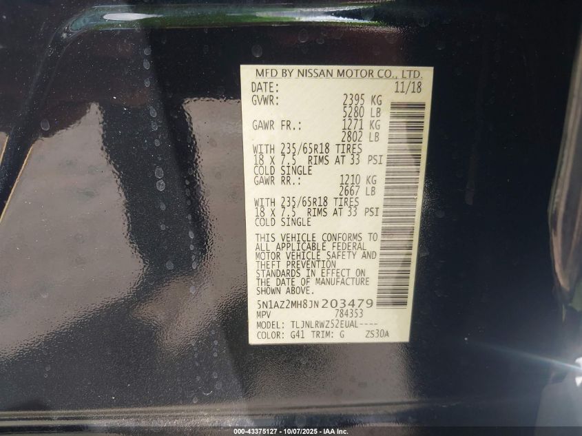 2018 Nissan Murano Sl VIN: 5N1AZ2MH8JN203479 Lot: 43375127