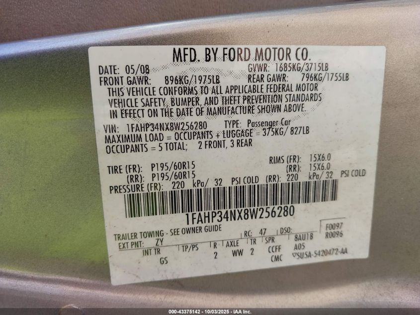 2008 Ford Focus S VIN: 1FAHP34NX8W256280 Lot: 43375142