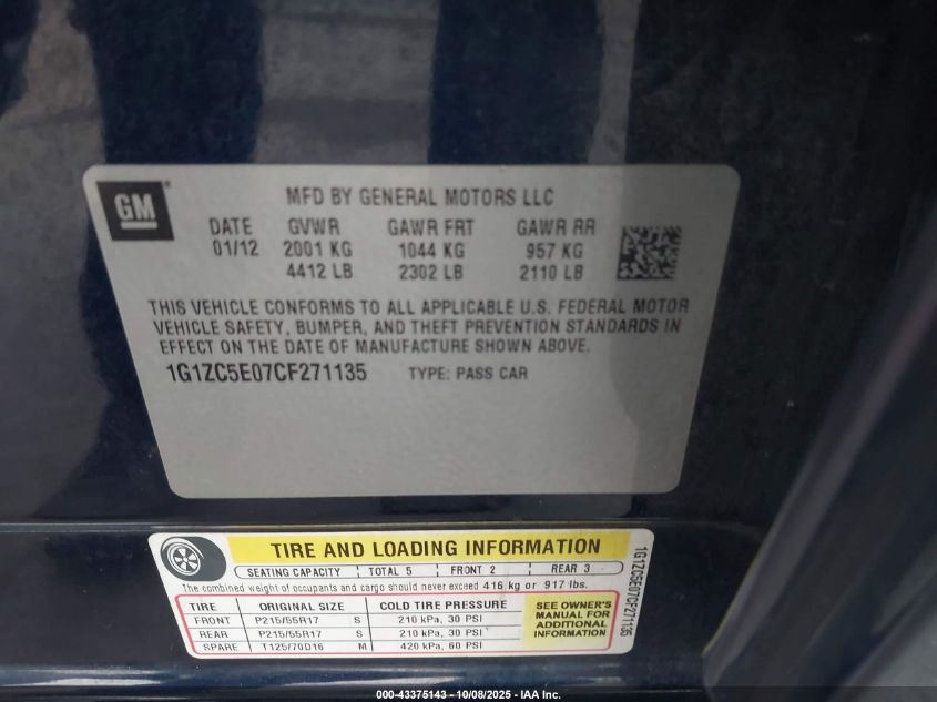 2012 Chevrolet Malibu 1Lt VIN: 1G1ZC5E07CF271135 Lot: 43375143