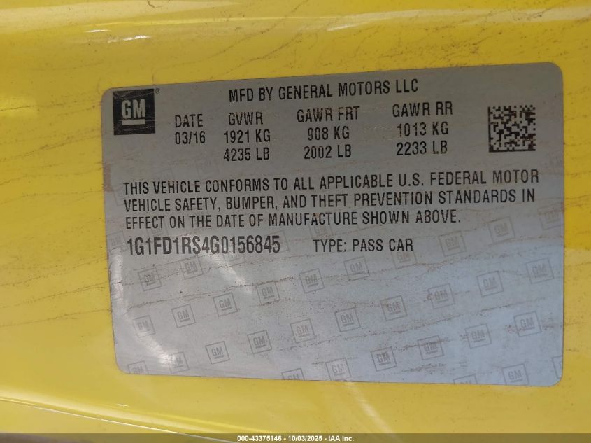 2016 Chevrolet Camaro 2Lt VIN: 1G1FD1RS4G0156845 Lot: 43375146